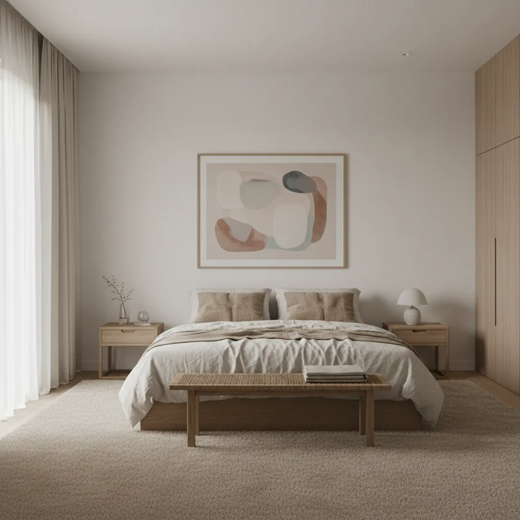 Dormitorio minimalista con cuadros suaves sobre la cama