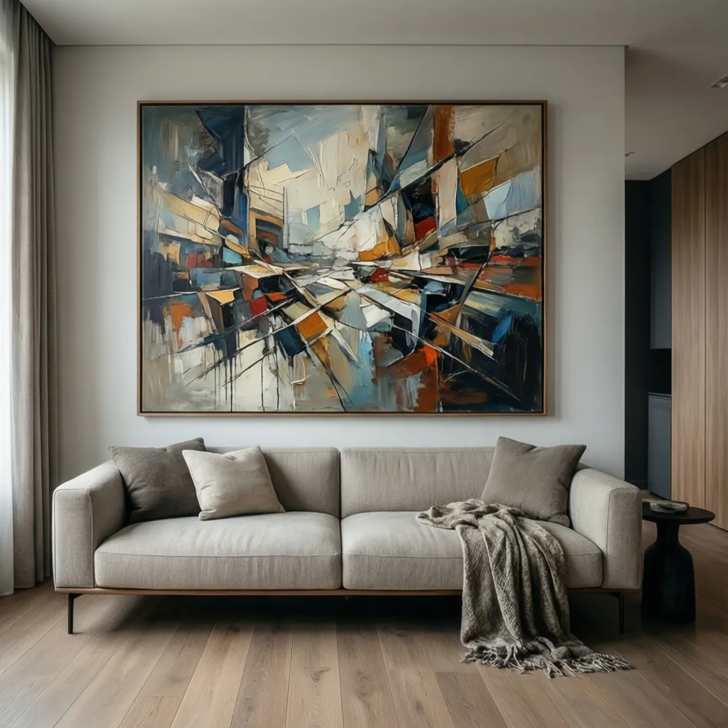 Cuadro grande abstracto decorando un salón contemporáneo