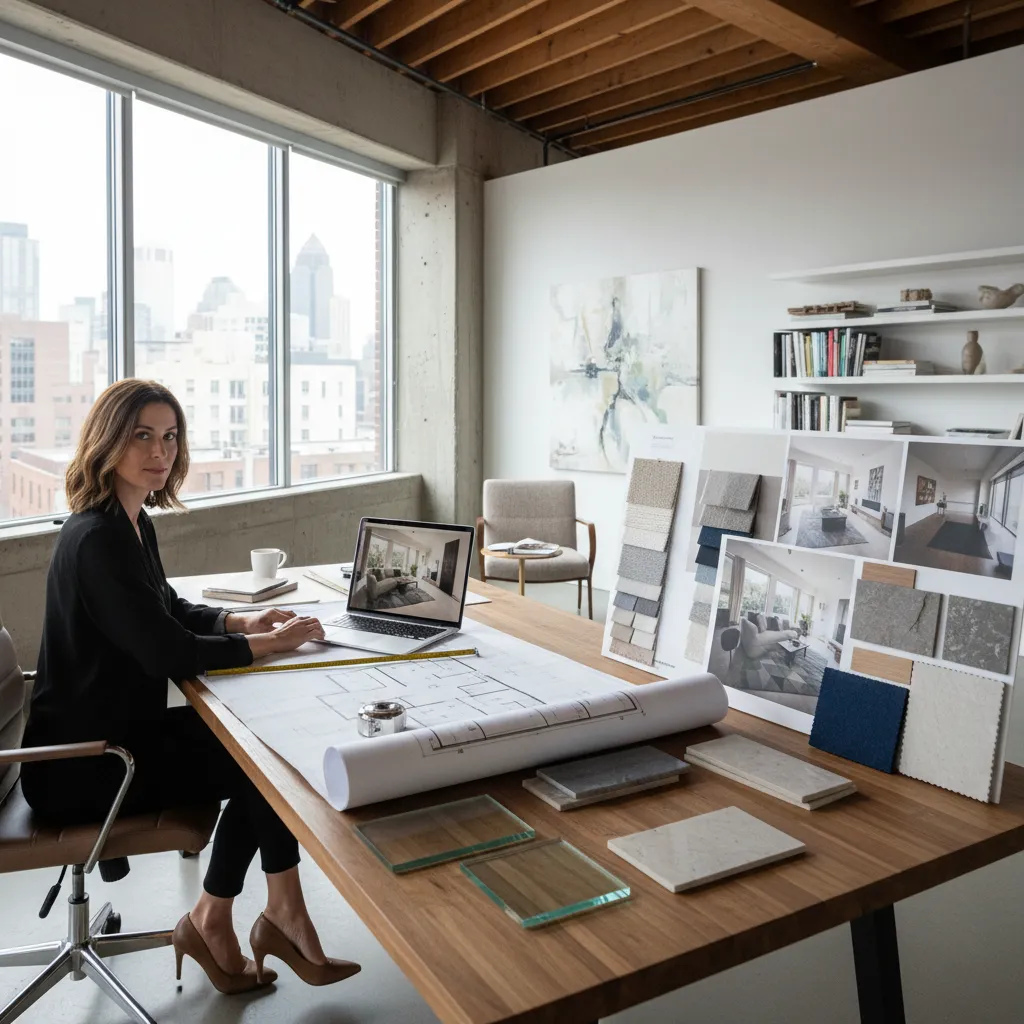 Female designer at desk with laptop floor plan and material samples in bright modern studio