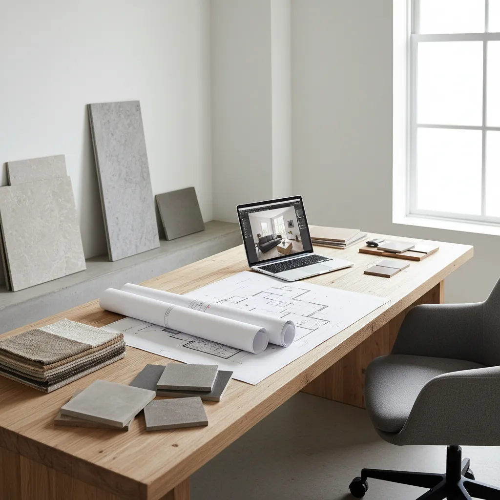 Wooden desk with laptop showing interior design drawing paper floor plans and home material samples
