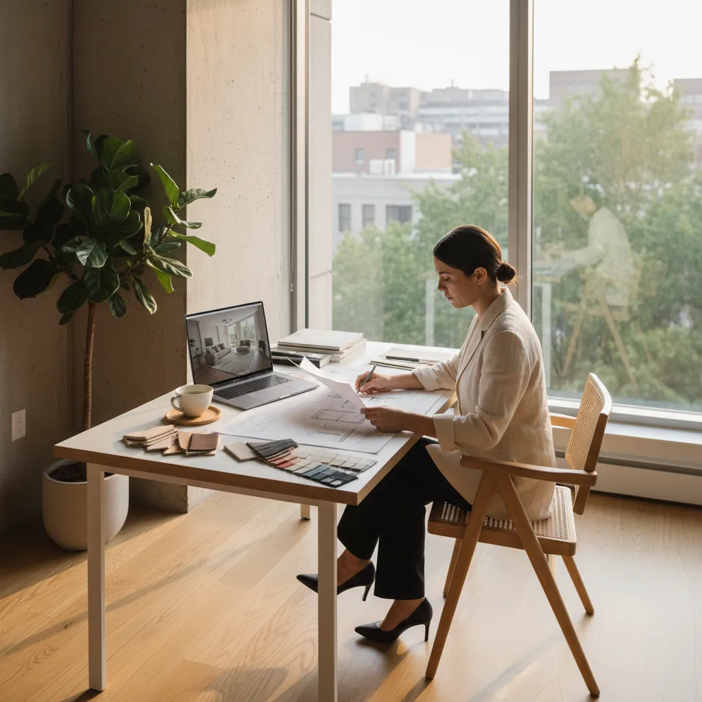 Woman sitting at desk reviewing floor plans with laptop and material samples in bright office