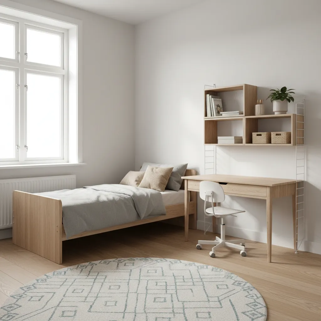 Minimalist bedroom with wooden bed and desk white chair hanging wall shelves and patterned round rug