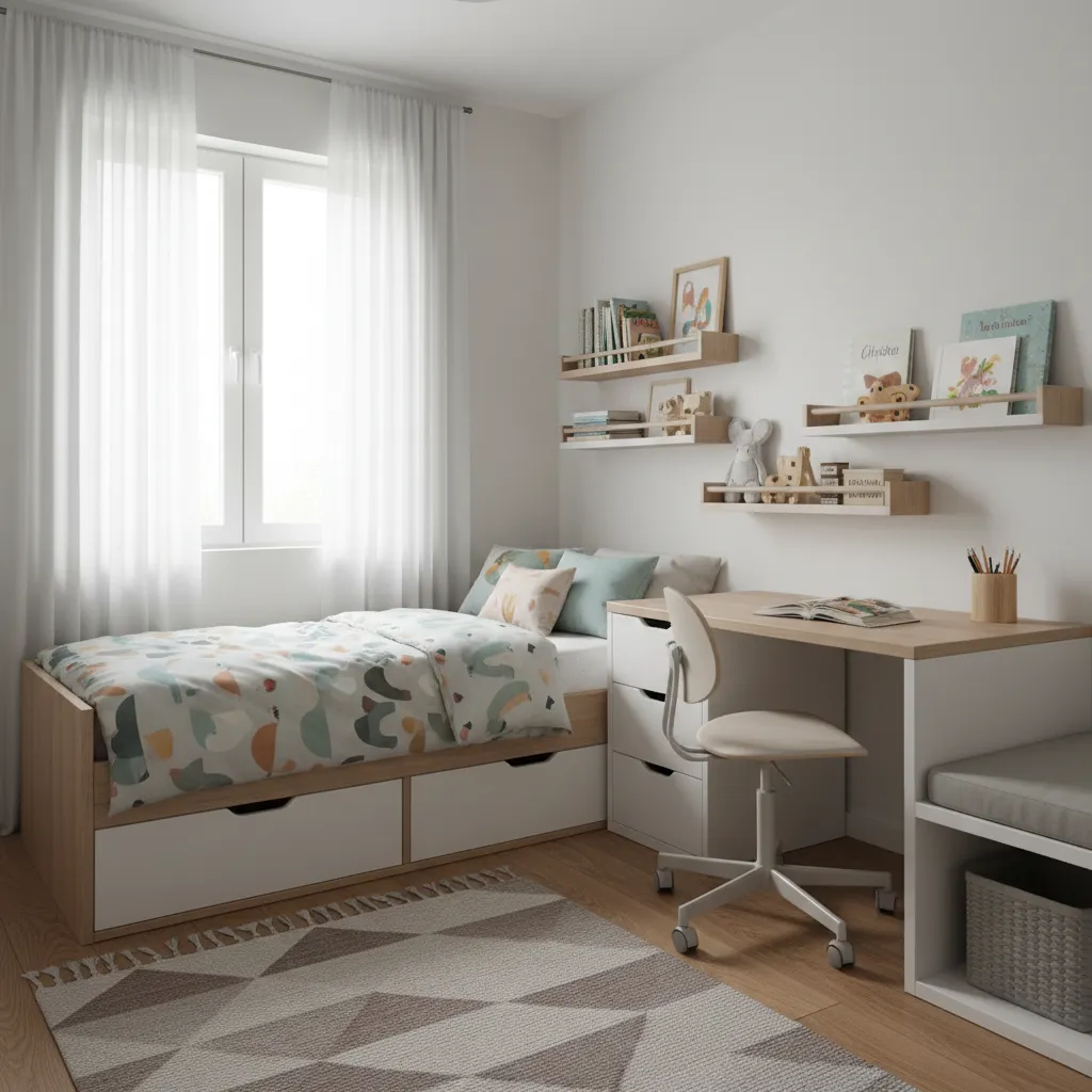 Small kids bedroom with storage bed white desk white chair wall shelves window and rug