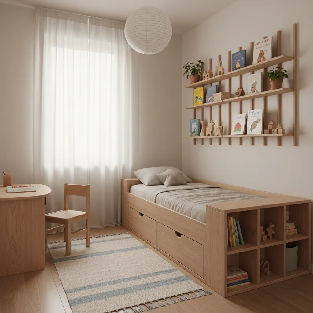 Small kids bedroom with wooden storage bed wall shelves round ceiling light and striped rug