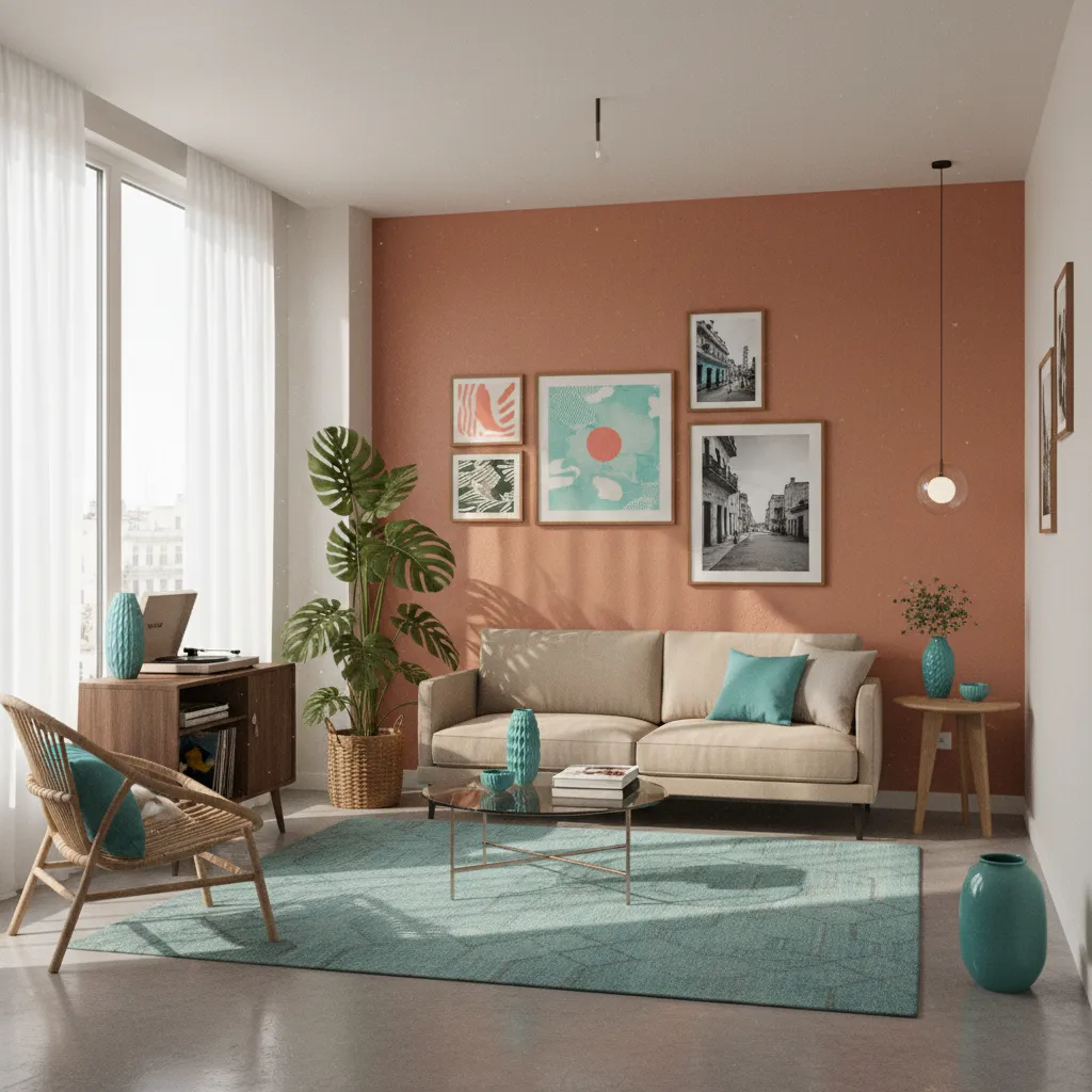 Small Cuban inspired interior using terracotta and turquoise color palette