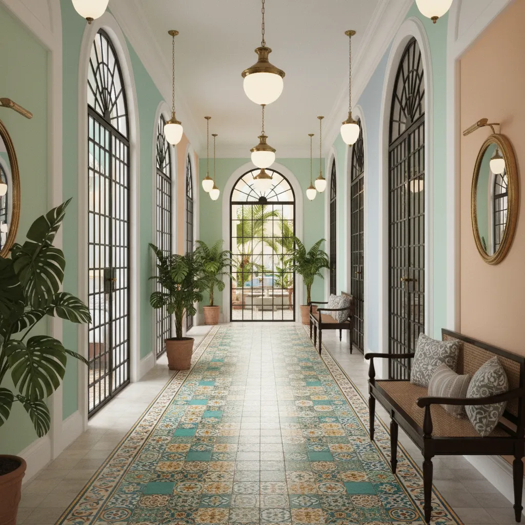 hotel hallway with Cuban style arches colorful tiles and vintage lighting