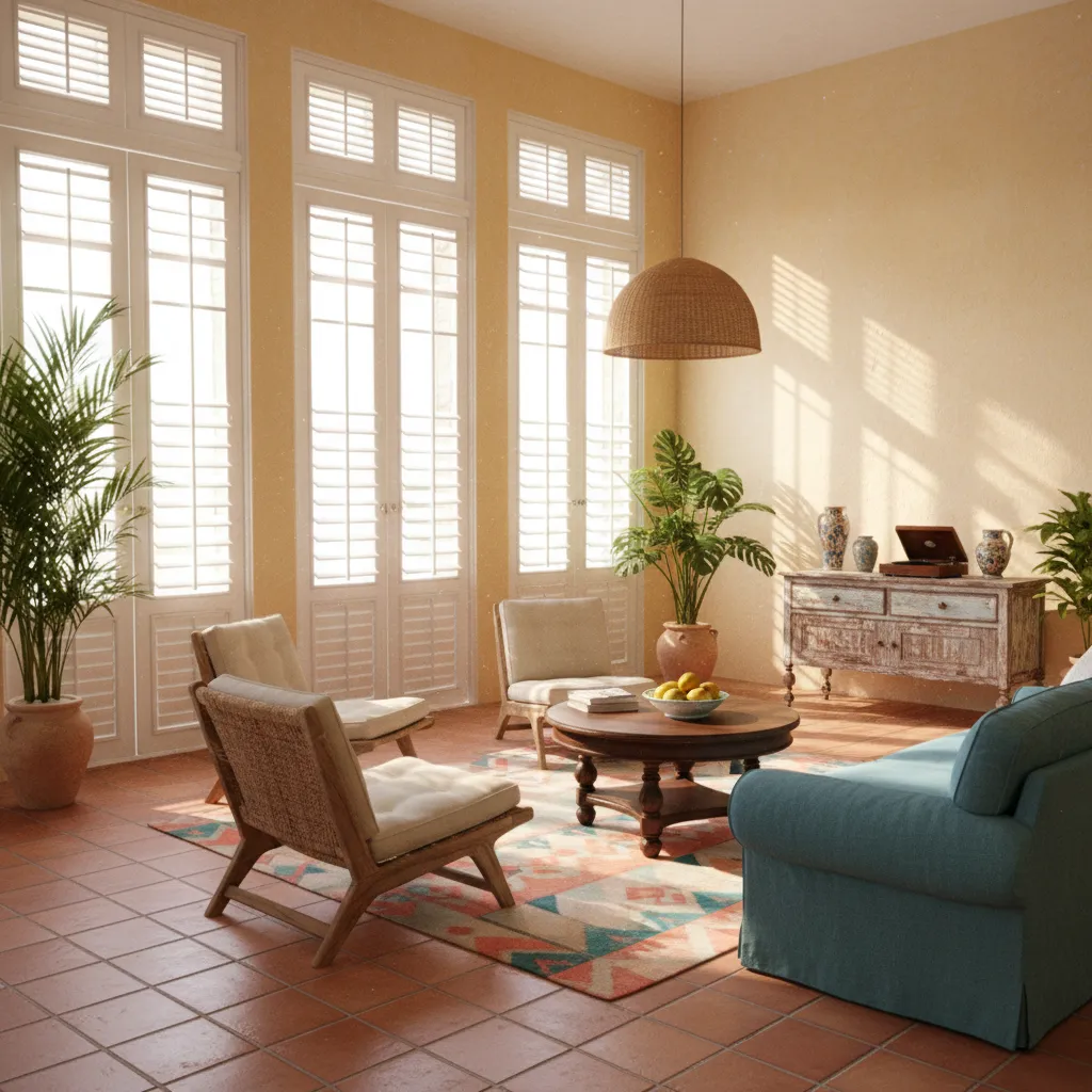 Bright Cuban inspired room with open layout and natural daylight from shutter windows
