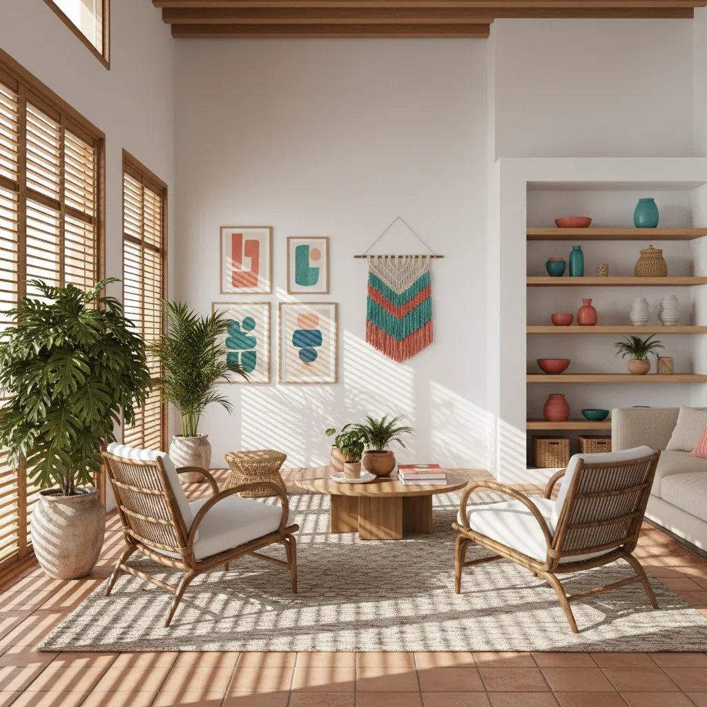 Modern Cuban interior living room with balanced tropical colors and rattan furniture
