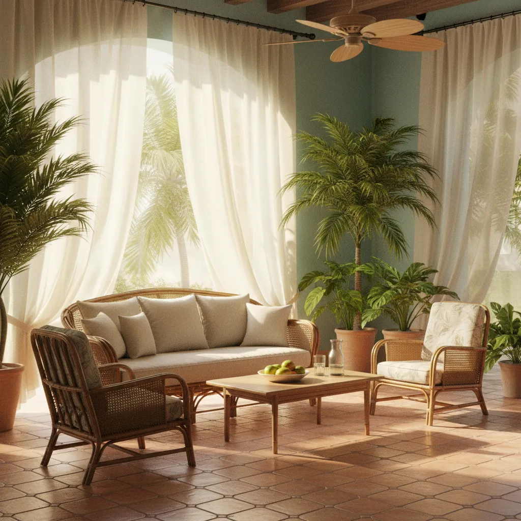 Cuban interior featuring rattan furniture terracotta floor and breathable materials
