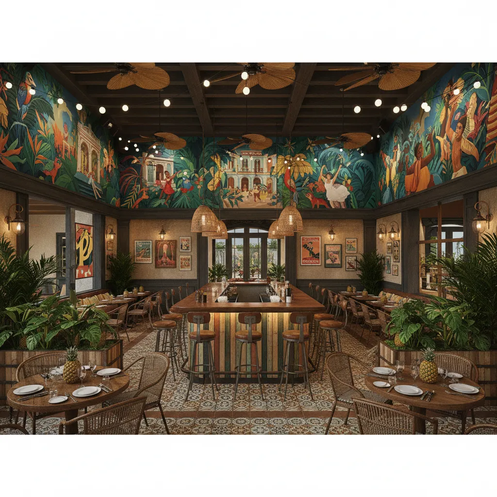 vibrant Cuban themed restaurant with colorful walls mural and central bar