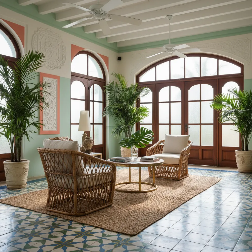 Cuban style hotel lobby seating with rattan chairs and patterned floor tiles