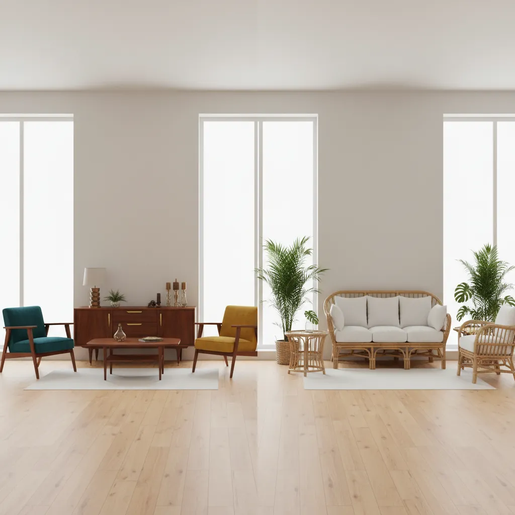 Comparison of Cuban mid century furniture and tropical rattan furniture styles