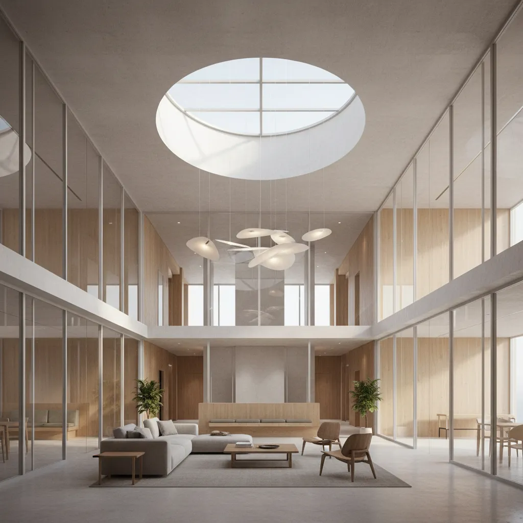 Cubic building interior with large windows and central light well