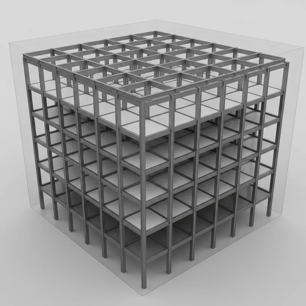structural grid diagram inside cube shaped building