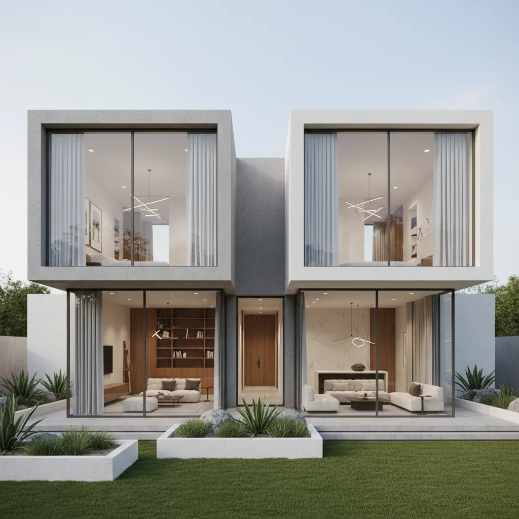 modern cubic architecture house composed of stacked geometric volumes