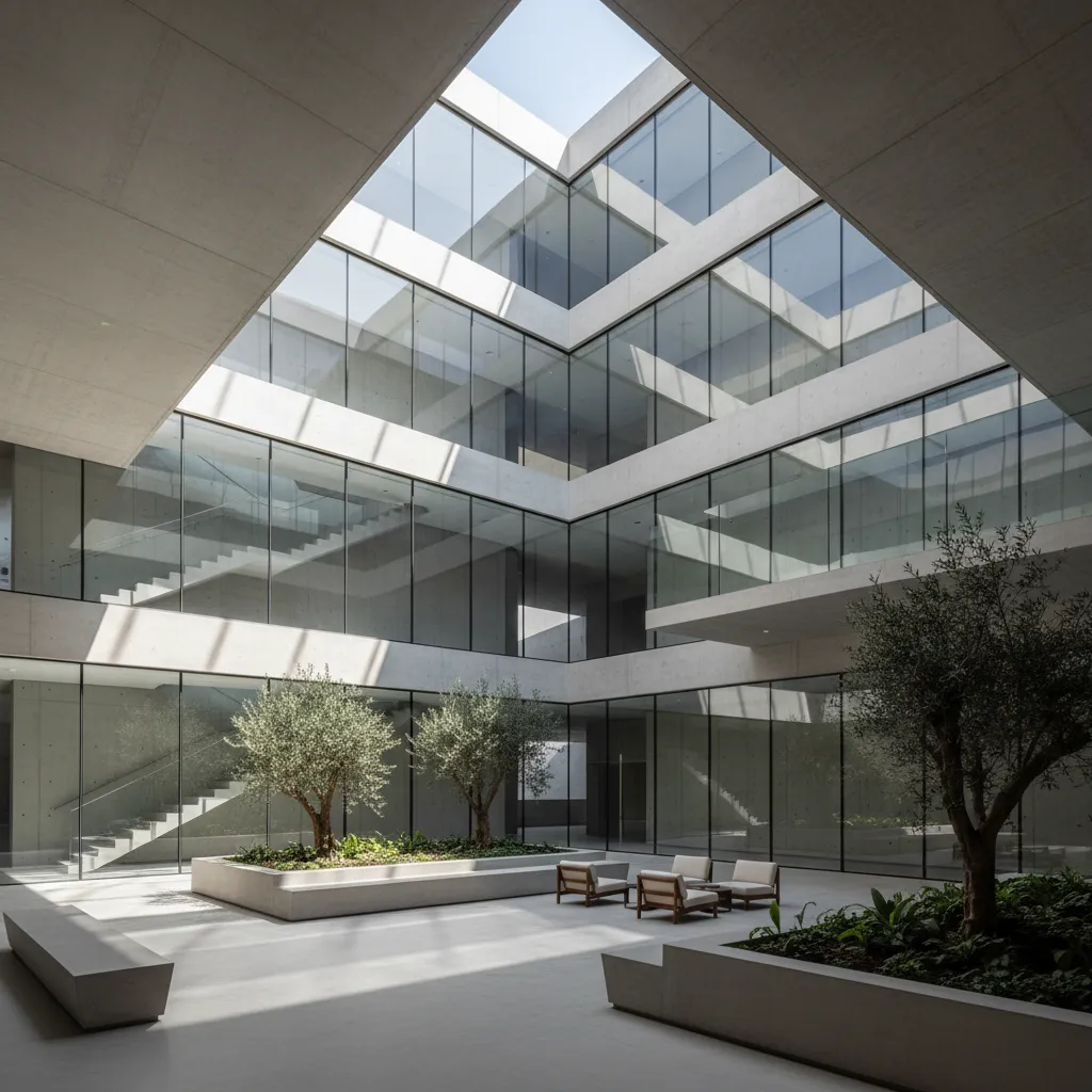 cube building interior courtyard bringing daylight into deep floor plate