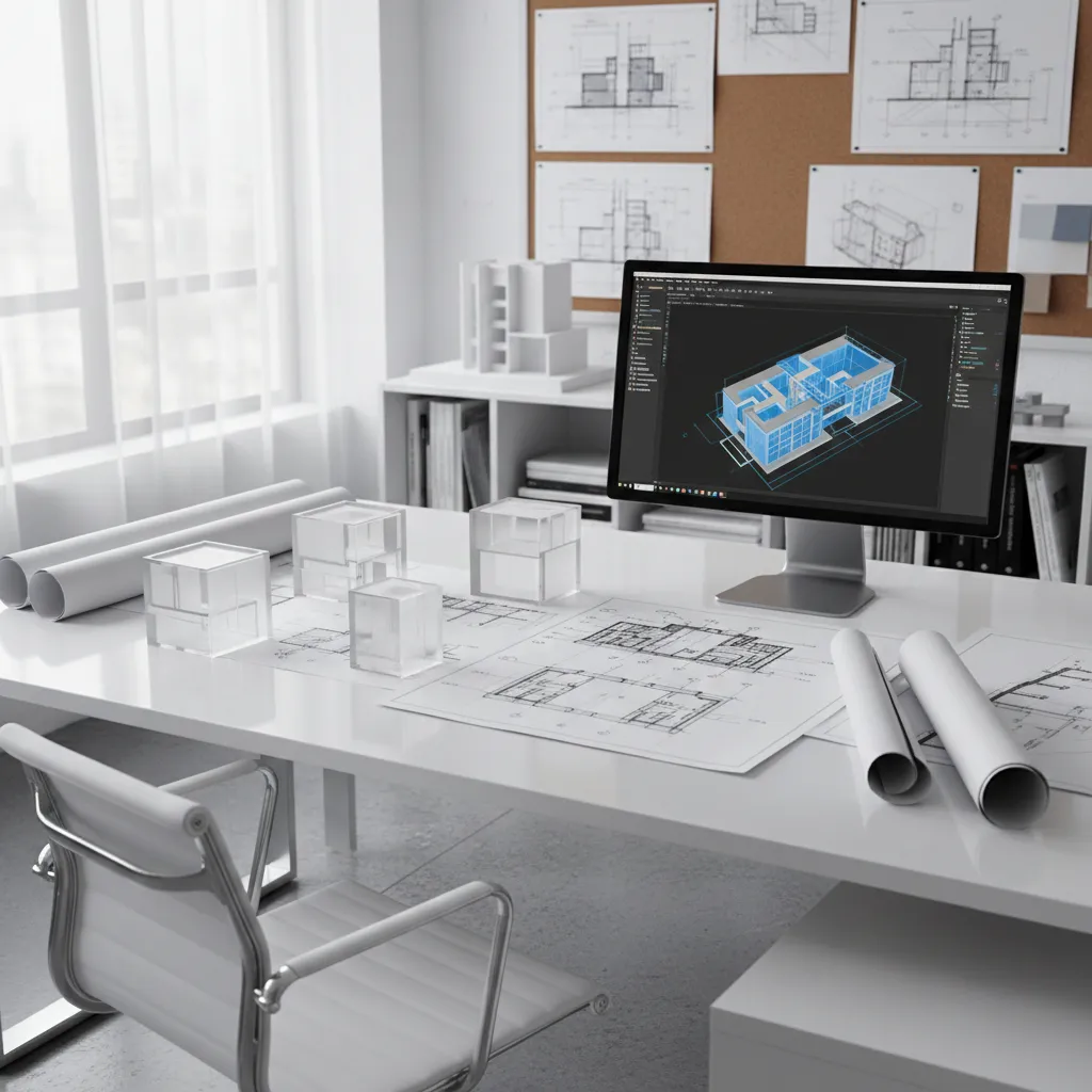 Architect reviewing cubic building layout plans on workspace
