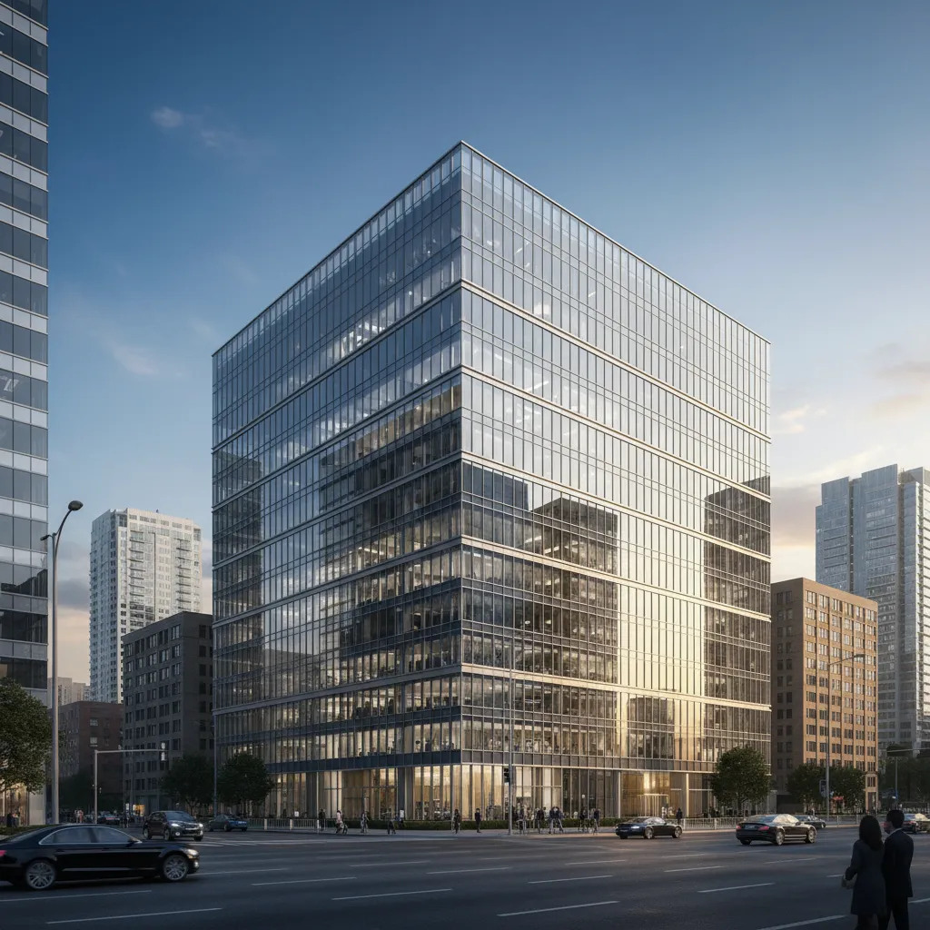 modern cube shaped commercial office building with glass facade