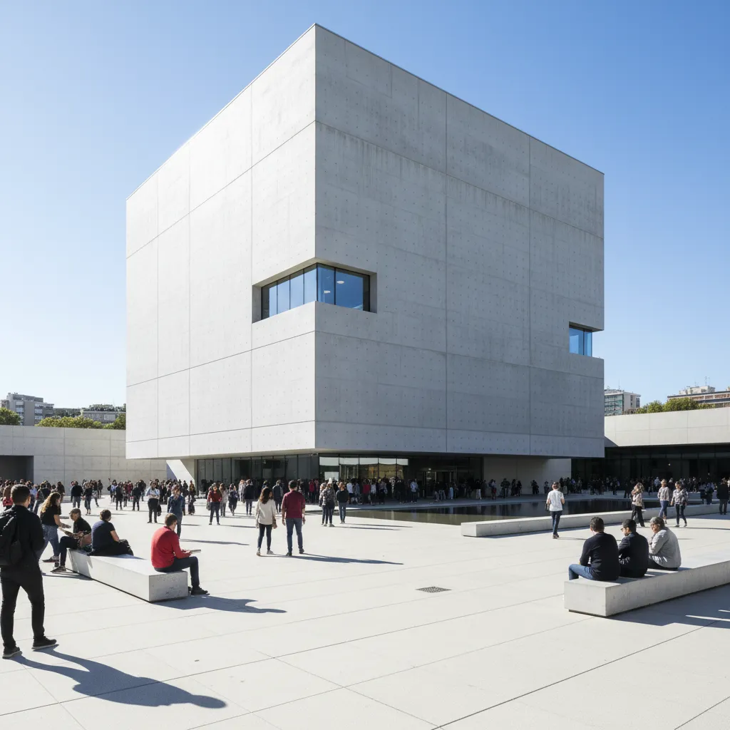 modern cubic museum building with minimalist concrete facade