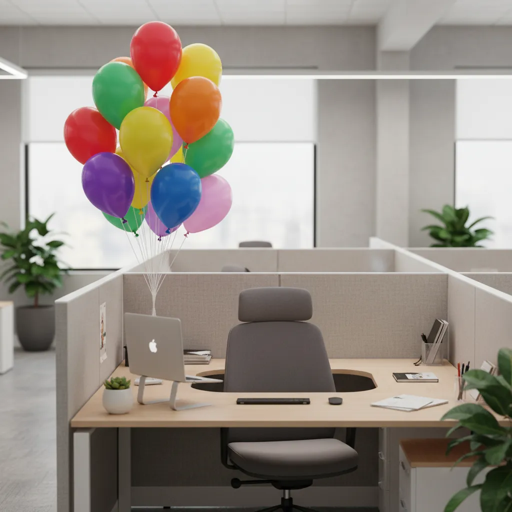balloon cluster decoration on office cubicle wall behind desk chair