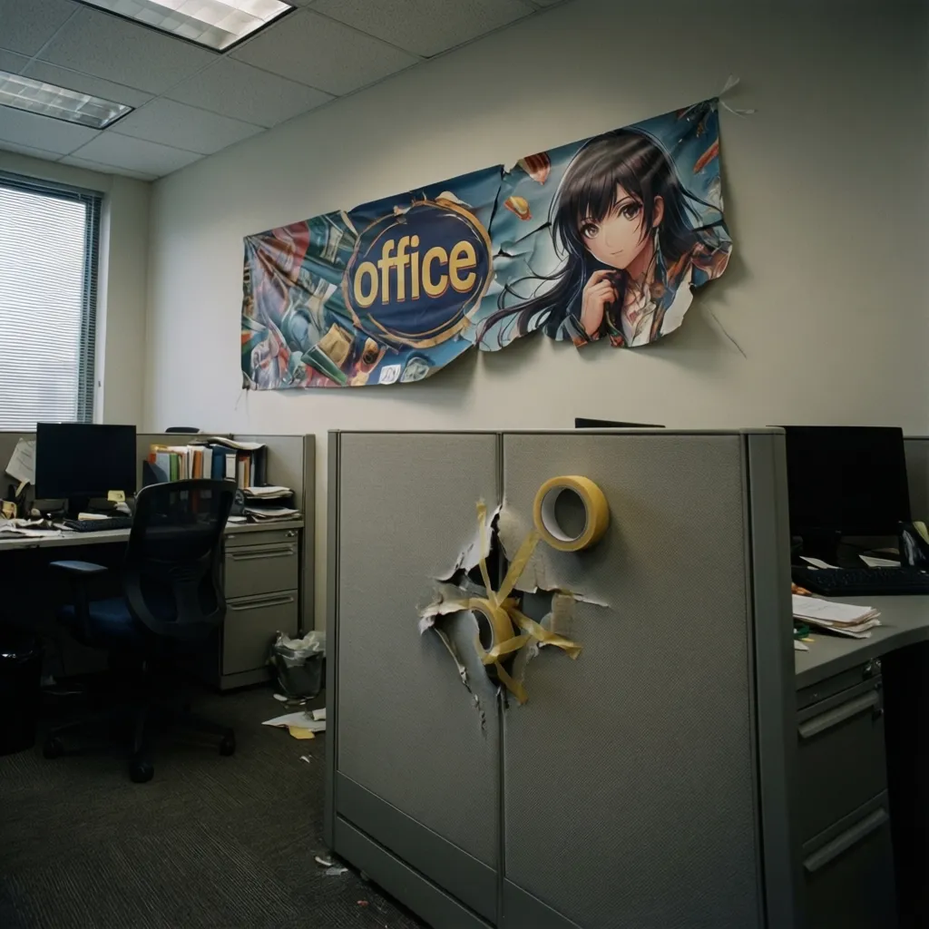 office banner peeling from cubicle wall showing decoration problem