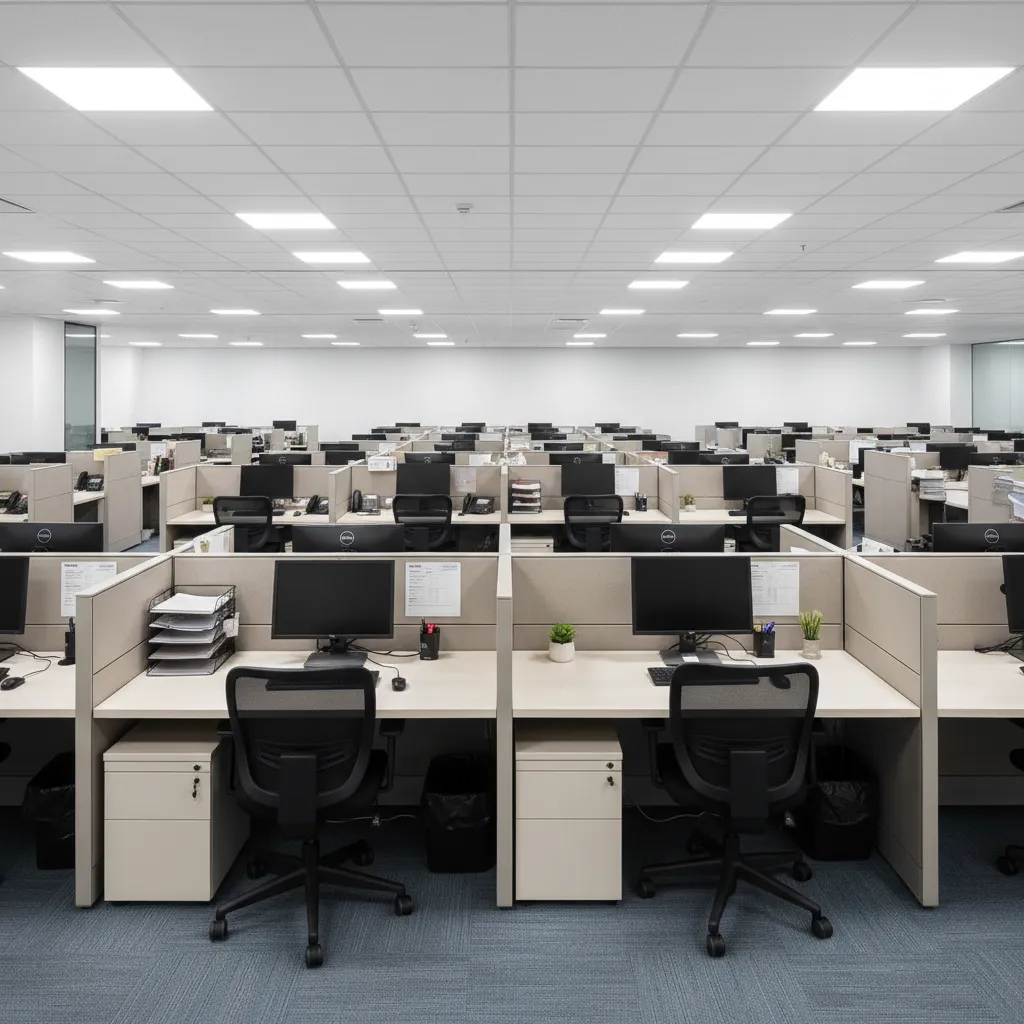 corporate cubicle office layout with partitioned workstations