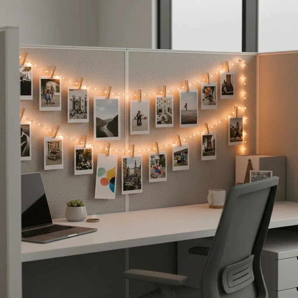 photo timeline with string lights clipped to cubicle wall