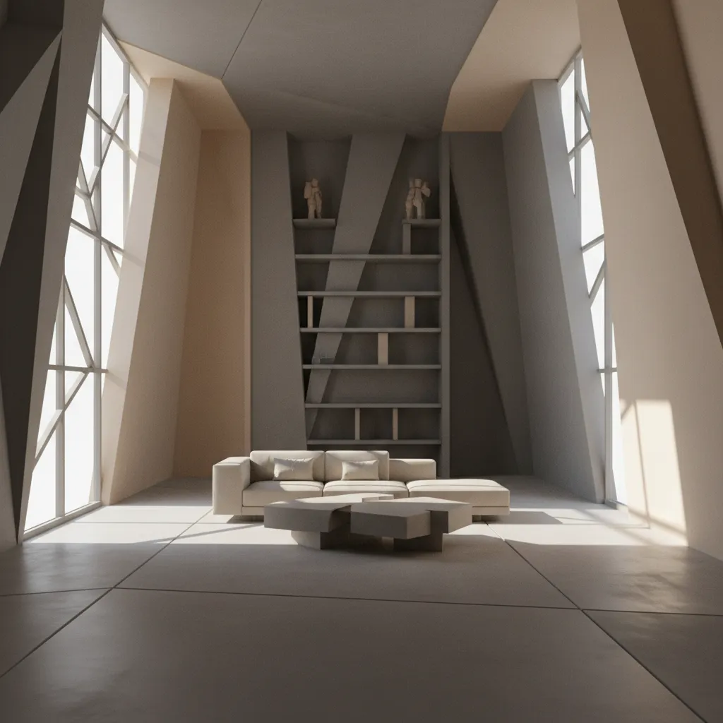 Render 3D de un interior con diseño cubista