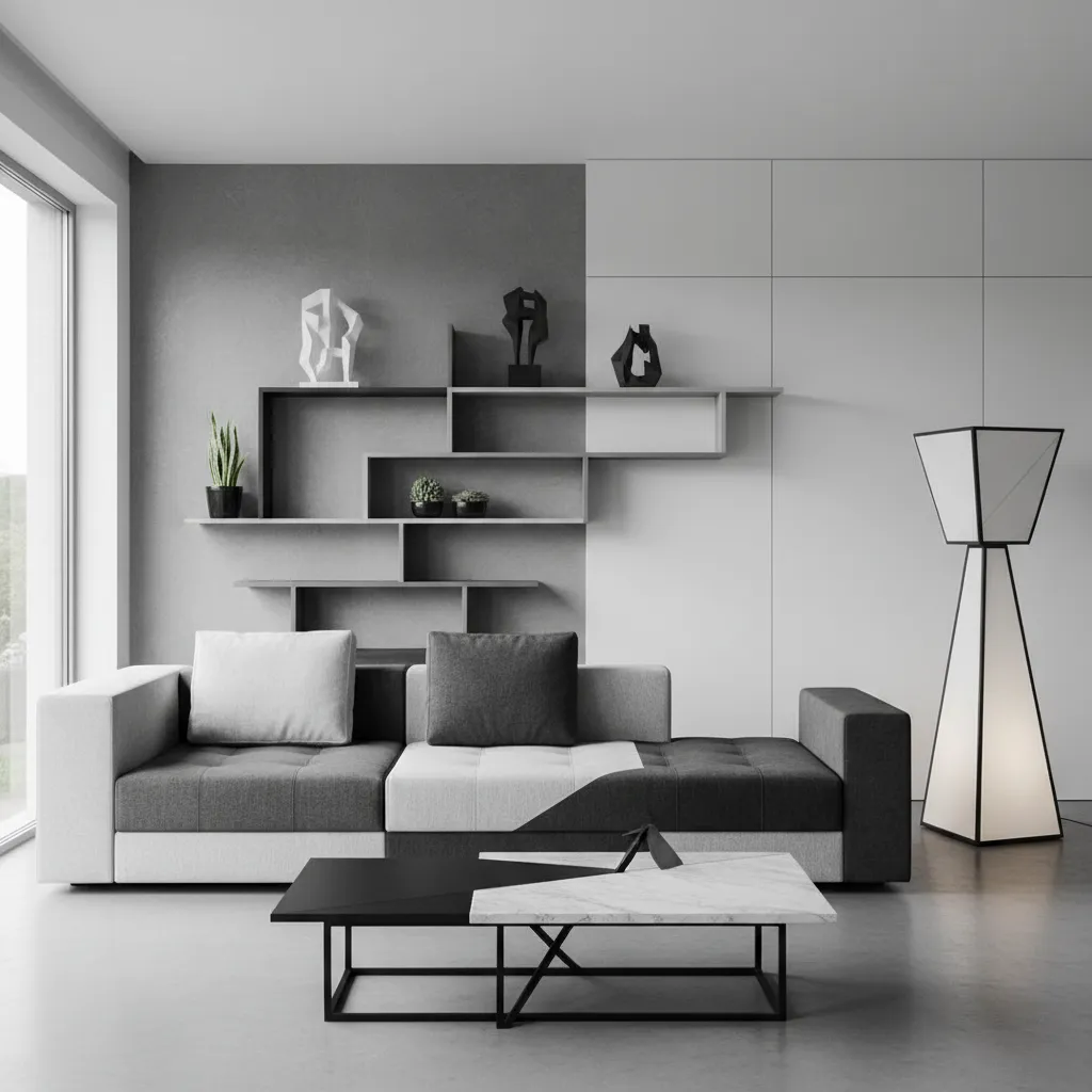 Salón con muebles angulares y composición cubista