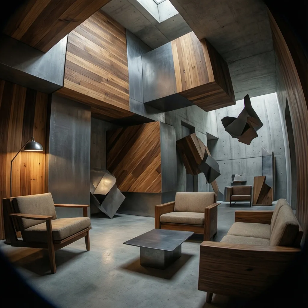 Detalle de materiales contrastados en diseño interior cubista