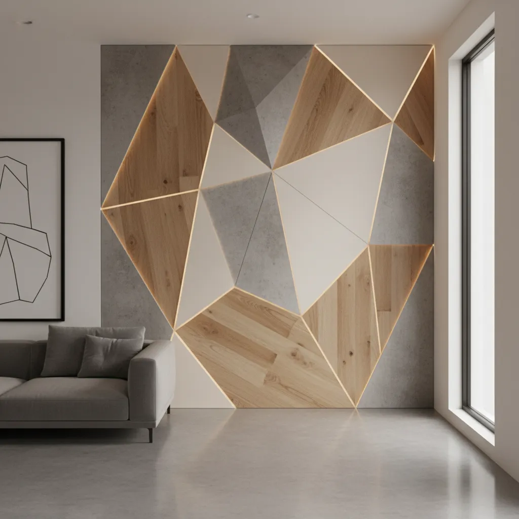 Pared decorativa con paneles geométricos inspirados en el cubismo