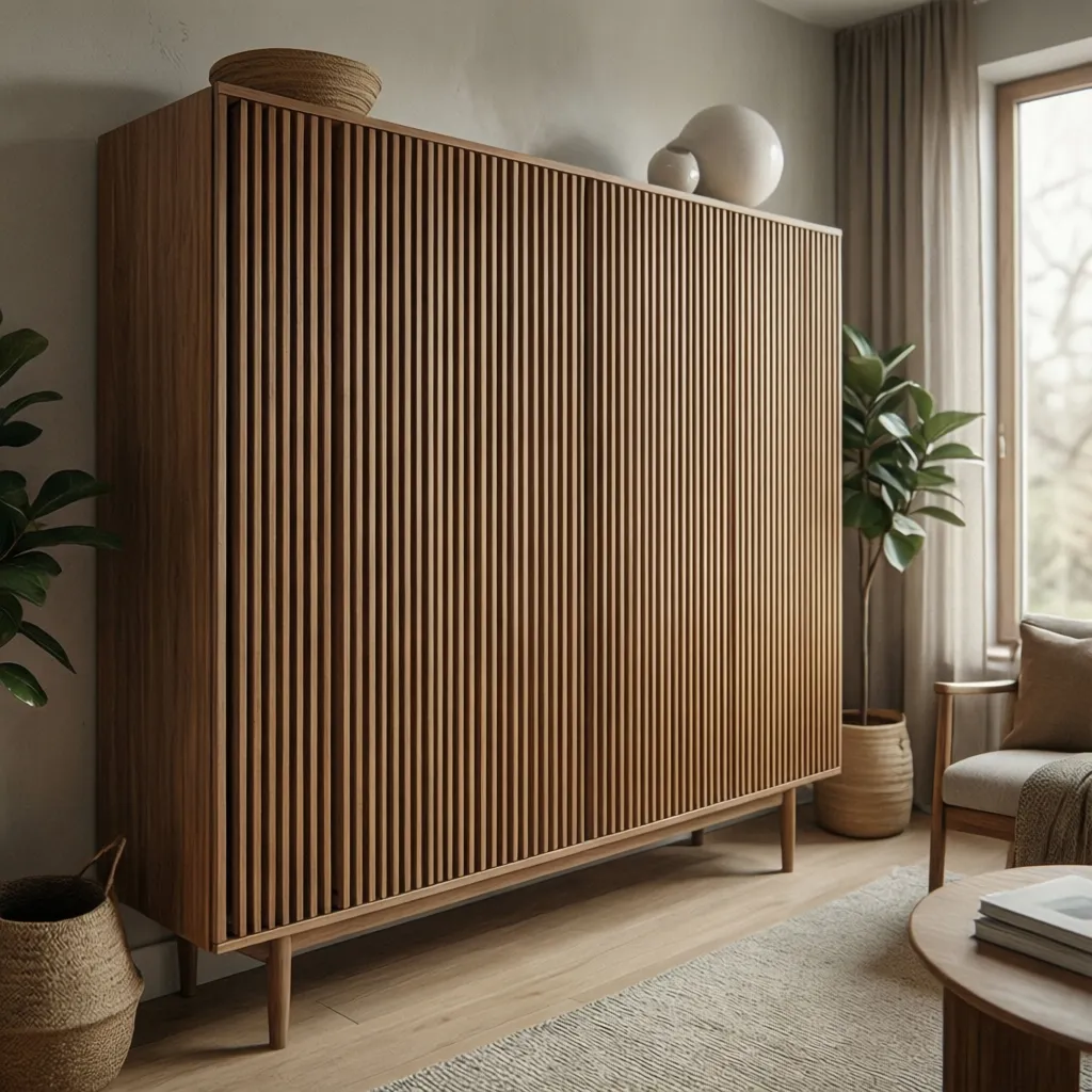 Wooden cabinet with thin wood strips in living room near plants chair and coffee table