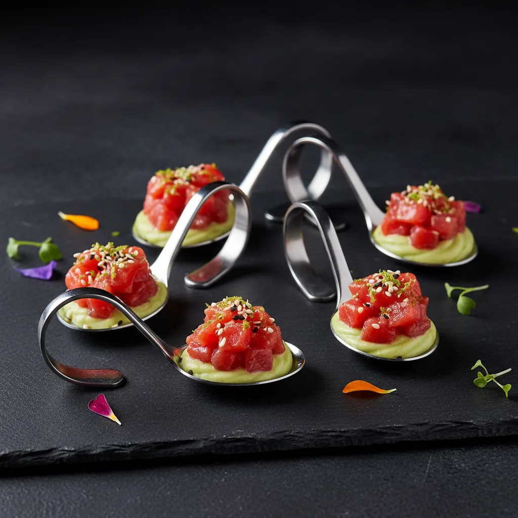 Cucharas de aperitivo con salmón fresco, crema de aguacate y lima