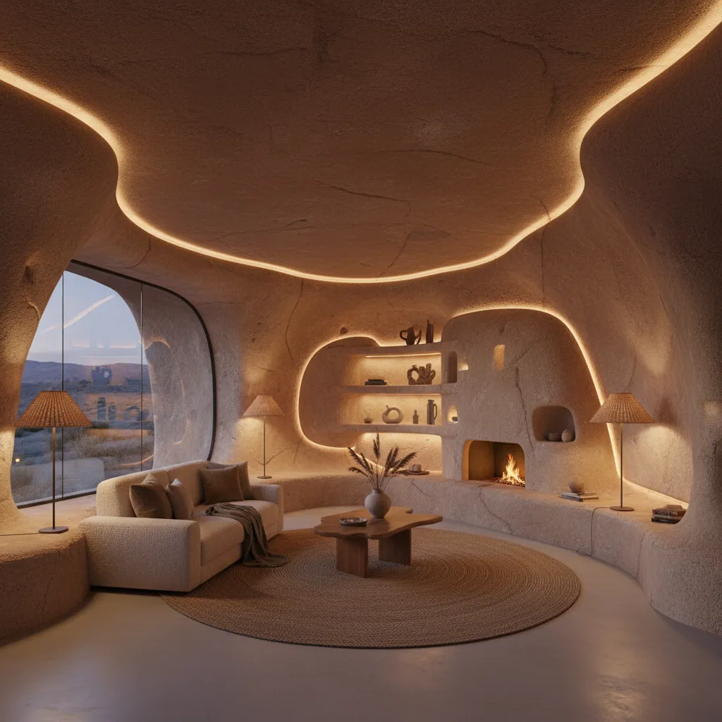 Salón moderno dentro de una casa cueva con iluminación cálida