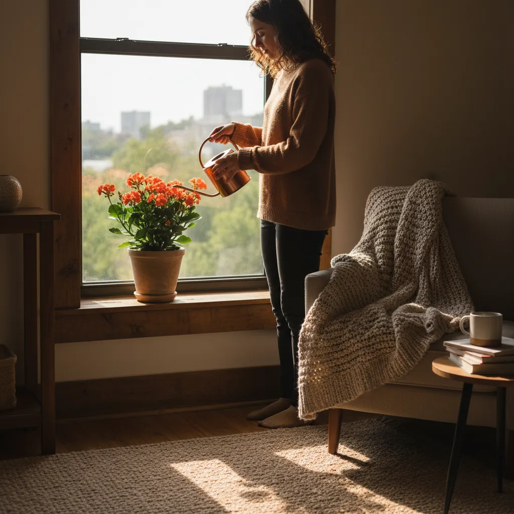 Woman watering orange flowers in a pot near a window with sofa and knitted blanket