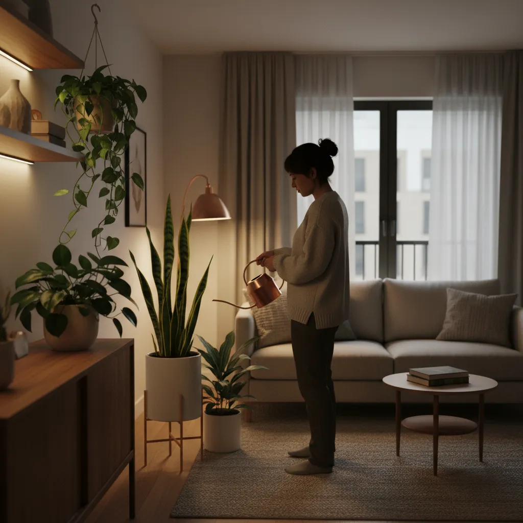 Persona cuidando plantas de interior en un espacio con poca luz