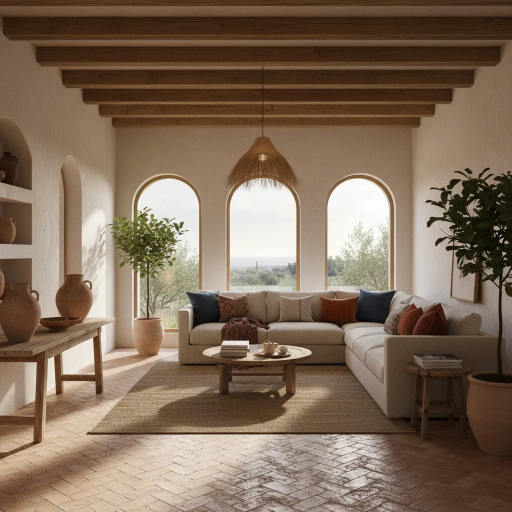 Sala de estar con diseño cultural moderno y materiales naturales