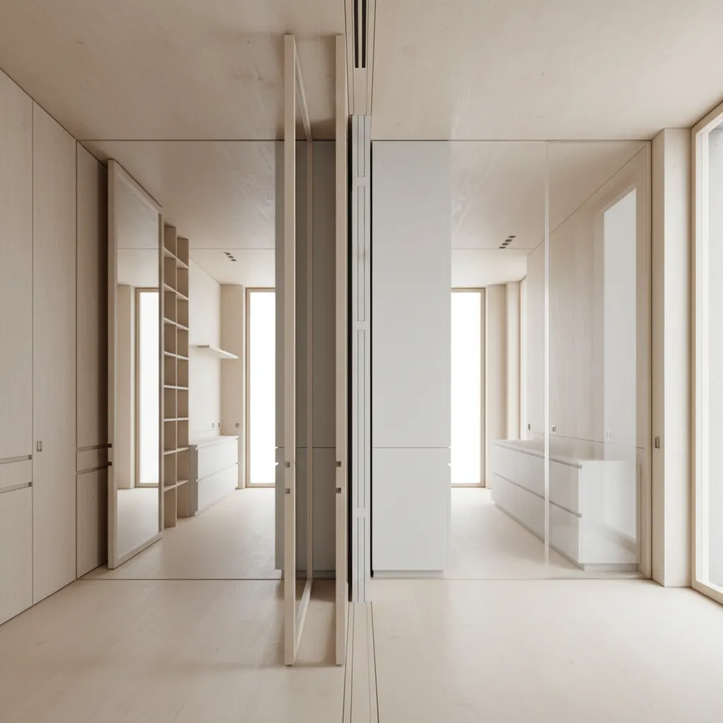 Modern interior design drawing showing light wood wall panel white cabinet mirror and natural light source