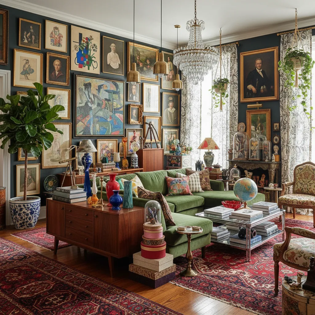 Interior maximalista cuidadosamente organizado con arte y objetos decorativos