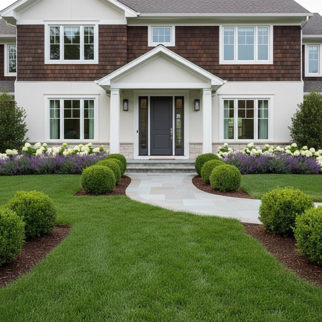 Front yard landscaping with fresh lawn pathway and trimmed shrubs improving curb appeal