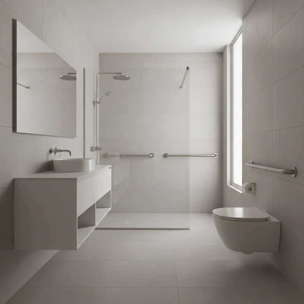 Accessible bathroom renovation with curbless shower and grab bars