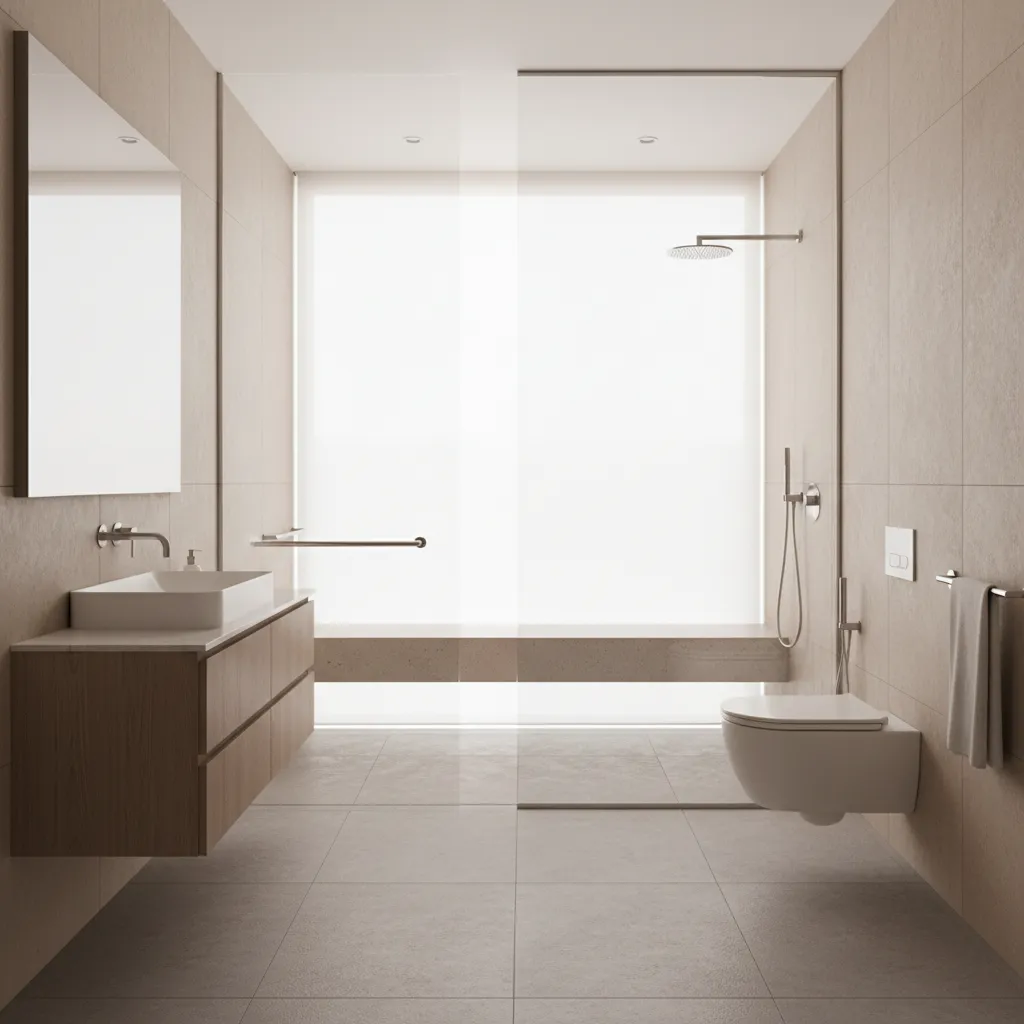 Modern curbless shower bathroom designed for senior safety and accessibility