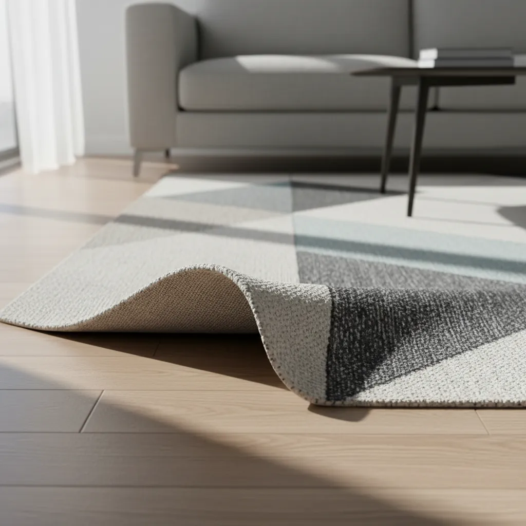 area rug corner curling upward on hardwood floor