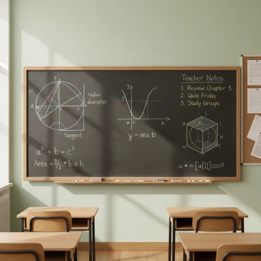 Diagrama de conceptos matemáticos en un tablero escolar