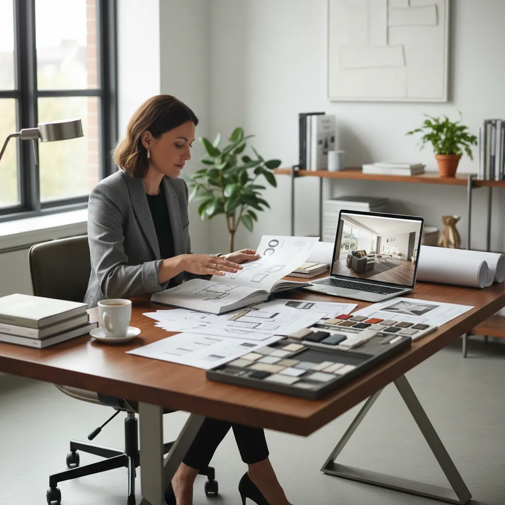 Woman in grey blazer reviews floor plans and material samples at a wooden office desk