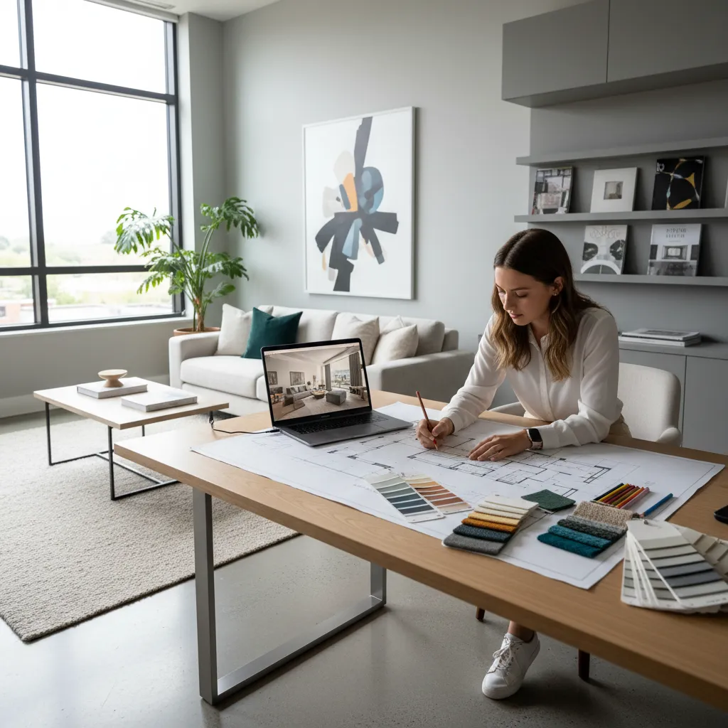 Female designer working on floor plan with laptop color samples sofa and natural light background