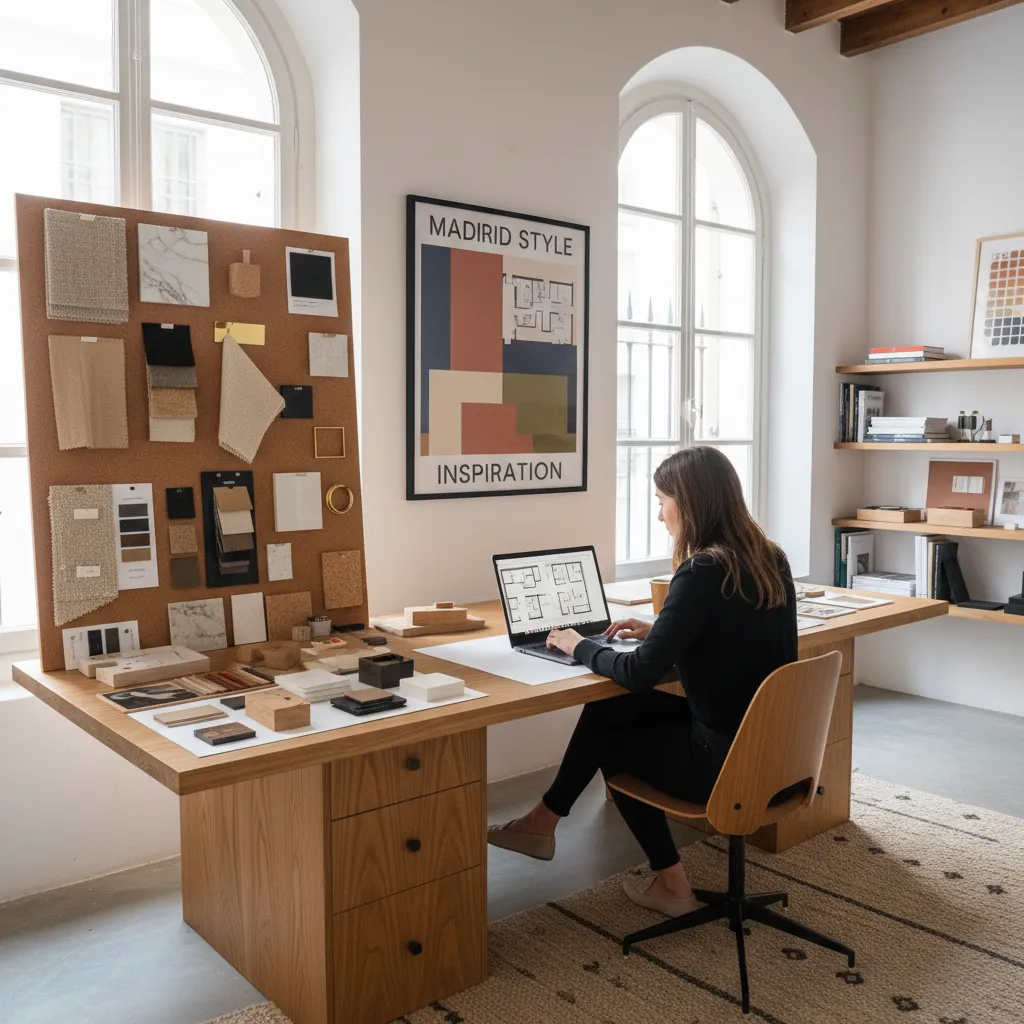 Woman sitting at desk using laptop for floor plan design with material board and art