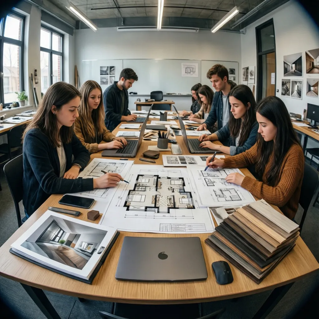 Clase de diseño de interiores con estudiantes revisando planos en una mesa