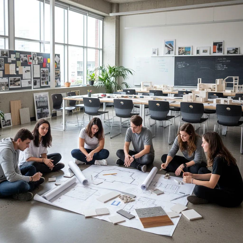 Group of students sitting on the floor studying a large room layout with many material samples