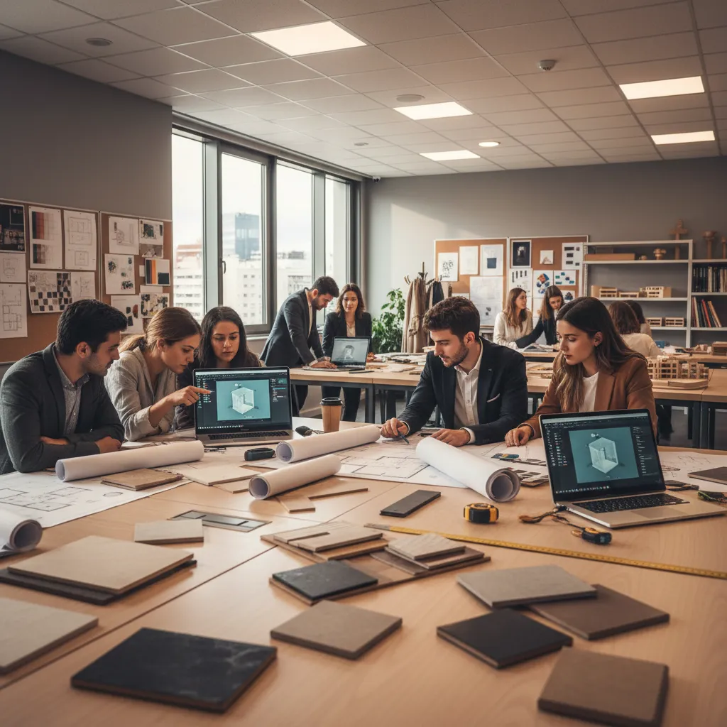 Designers working on laptops with 3D room models and floor plans in a studio office